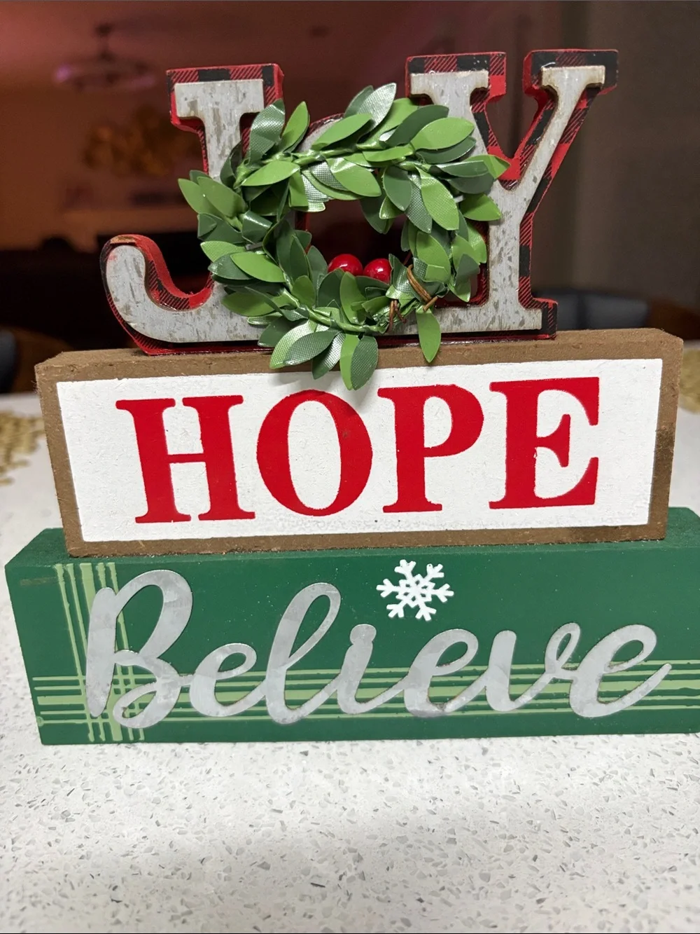 Holiday 'Joy Hope Believe' Wooden Stacked Sign - Green, Red, White